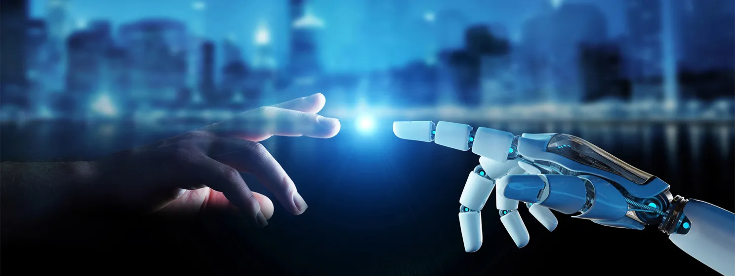 White cyborg finger about to touch human finger