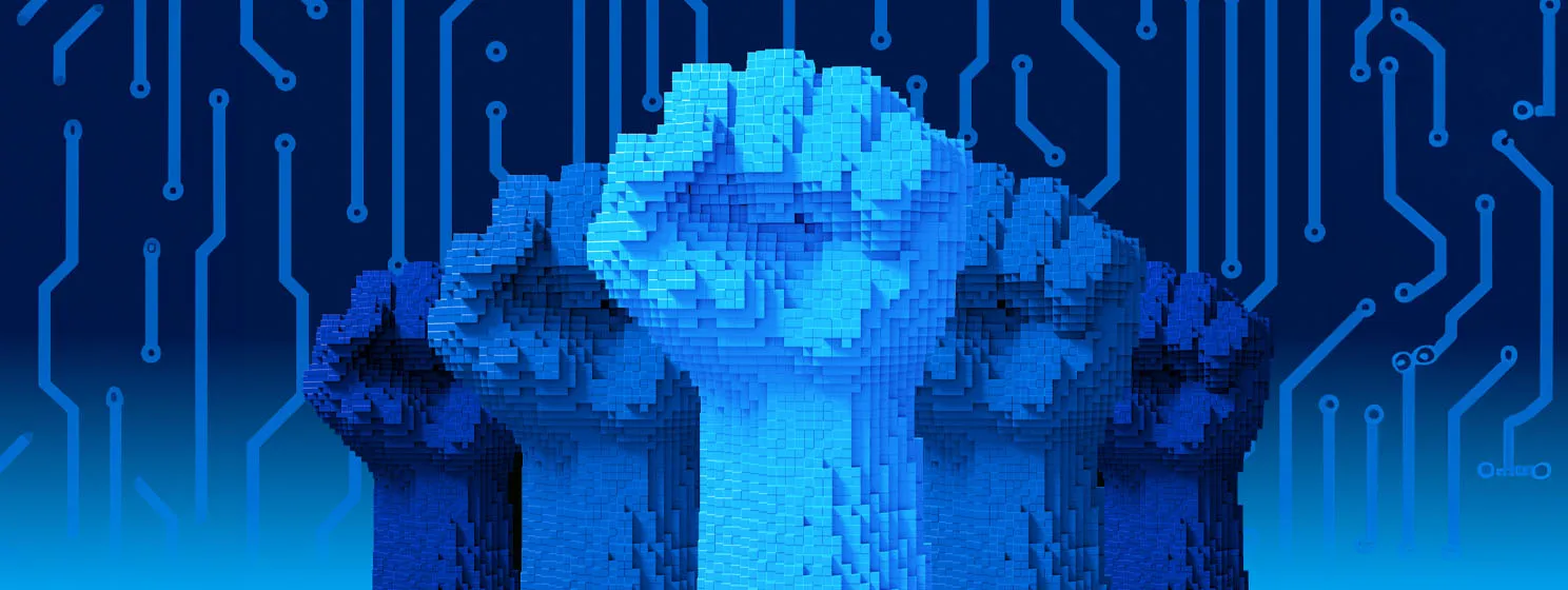 Five Fists Upwards Consisting Of 3D Pixels
